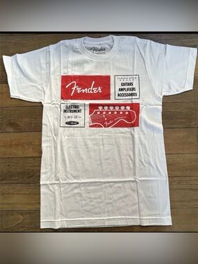 FENDER Electric Instrument White Tee black and red Guitar graphics Sz Sm